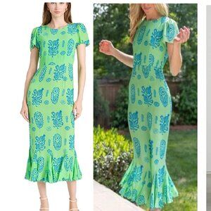 NEW $595 RHODE LULANI STUNNING MAXI DRESS IN GREEN & BLUE CLOVER BLOCK PRT SZ 6
